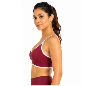 Women's Red Seamless Sports Bra With White Trim Medium Support Yoga Top Spaghetti Strap Scoop Neck Breathable Solid Design - Product Image 6