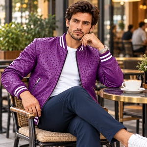 <b>Men</b>’s <b>Purple</b> Ostrich Leather Bomber Jacket Luxury Textured Zip Up Fashion Outerwear - Product Image 6