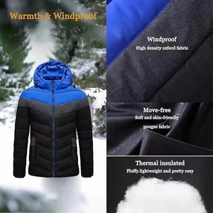 Chaqueta Acolchada con Capucha para Hombre, Negra y Azul, de Poliéster, para Invierno, Resistente al Viento, con Cierre de Cremallera, Cuello Alto, Corte Regular - Product Image 4
