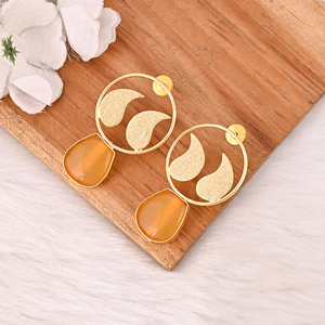 Elegant Yellow <b>Cat's</b> Eye Gemstone <b>Earrings</b> Designer Brass Fashion Jewelry for Women - Product Image 4