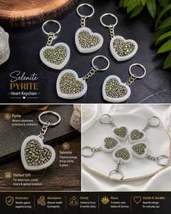 Selenite Pyrite Heart Keychain Wealth Abundance Cleansing Energy Crystal Stone Portable Talisman Protection Key Ring - Product Image 4