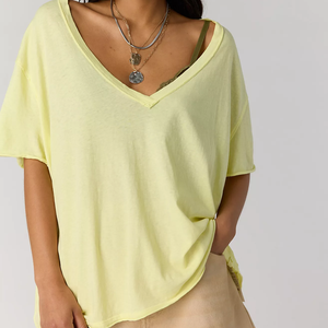 Summer Hot Selling Oversized V-neck Short Sleeve Plus Size Women's T-shirt Solid Light Yellow Knitted Regular Fit Casual T-Shirt - Product Image 1