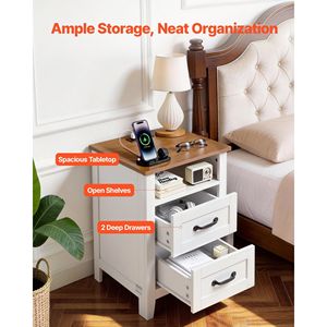 Farmhouse-Style Nightstand with Open Shelf Charging Station 2 Drawers Bedside <b>Storage</b> Cabinet Rustic <b>Side</b> <b>Table</b> - Product Image 4