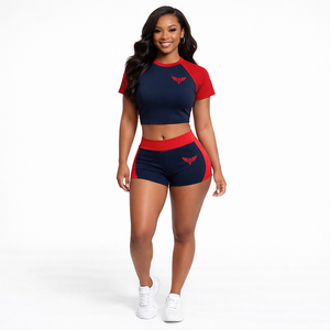 Conjunto Deportivo de 2 Piezas para Mujer, Top Corto y Pantalones Cortos, Manga Corta Raglán, Cintura Alta, Estilo Deportivo y Casual - Product Image 5