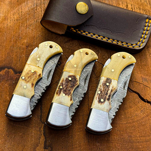 Cuchillo Plegable de Acero de Damasco Hecho a Mano con Bloqueo Trasero, Mango de Cuerno de Ciervo Genuino, para Bolsillo, EDC, Caza, Grado Industrial, OEM Bienvenida - Product Image 1