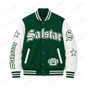 แจ็คเก็ตวาร์ซิตี้สีเขียวแบบกำหนดเองสำหรับผู้ชาย แจ็คเก็ตเบสบอลแบบ Letterman เสื้อแจ็คเก็ตบอมเบอร์สตรีทแวร์ ผู้ผลิตขายส่ง - Product Image 3