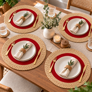 Set de table rond tressé, centre rouge, style simple, lavable, usage domestique, épaisseur moyenne, motif uni - Product Image 3