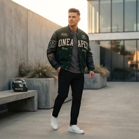 Blouson d'hiver pour homme en toile noir et vert avec manches en cuir, style Letterman, Bomber, Motorsport, Streetwear, personnalisable, vente en gros