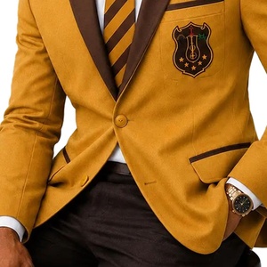 Blazer en laine mélangée moutarde pour homme Iota avec écusson brodé, col cranté, style britannique, veste de costume à simple boutonnage - Product Image 3