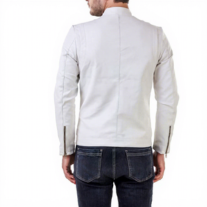 Men's <b>White</b> Moto <b>Jacket</b> Stand Collar Zipper Closure Slim Fit Regular Length Solid Color <b>Biker</b> Style Autumn Wear - Product Image 2