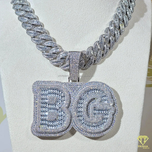 Iced Out " BG " <b>Initial</b> Pendant <b>Necklace</b> <b>Silver</b> Moissanite Diamond Cuban Link Hip Hop Jewelry Gift For Him - Product Image 5