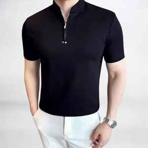 Chemise moderne pour homme anti-rides en tricot imprimé à demi-zip, manches courtes, style décontracté urbain - Product Image 1