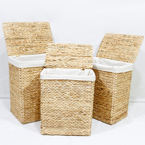 Panier à linge tissé, lot de 3, rectangulaire, avec couvercle et doublure en coton, pour organiser les vêtements, style rustique - Product Image 1