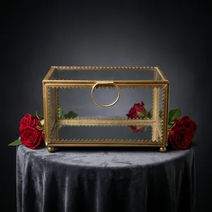 Artisan Design B100 Glass <b>Jewelry</b> Box Brass Frame <b>Mirror</b> Base <b>Storage</b> Organizer Decorative Rectangular Design 6.25x4x4 Inches - Product Image 3