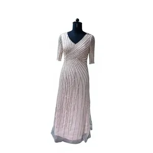 Elegante Vestido de Fiesta Formal para Mujer, Cuello en V, Manga Regular, Largo hasta el Tobillo, 100% Poliéster, Adornado con Cuentas de Cristal y Bordado a Mano - Product Image 5