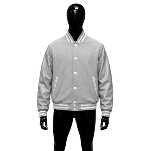 Chaqueta Varsity Gris Claro Premium para Hombre, Cómoda, Ligera, de Algodón, Casual, para Otoño, con Cuello Camisero, Manga Regular, Color Sólido - Product Image 1