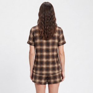 Ensemble de pyjama décontracté pour femme en flanelle à carreaux, chemise boutonnée à manches courtes et short, deux pièces - Product Image 5