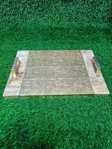 United Trade World's Ramadan Specials Plateau de service en bois de manguier naturel avec feuille de laiton gravée Design arabe United Trade World - Product Image 2