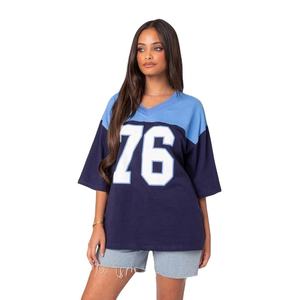 Womens Casual Colorblock V-Neck Oversized Jersey T-Shirt Printed Graphic <b>Top</b> Ladies New Lightweight American Football Jersey - Product Image 4