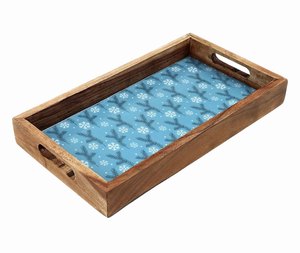 Wooden <b>Storage</b> <b>Tray</b> Rectangle Blue Snowflake Pattern Varnished Finish Table Use Single Tier Modern Design custom serving <b>tray</b> - Product Image 1