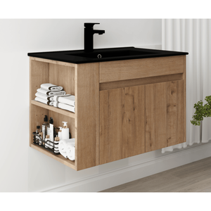 Mobile da Bagno da 30 Pollici con Lavabo in Ceramica Nera e Ripiano Aperto Regolabile (Imballaggio KD) - Product Image 1