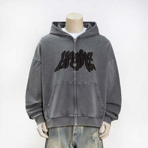 Chaqueta de streetwear para hombre, personalizada, de felpa francesa con lavado ácido, efecto desgastado, ajuste cómodo, con pedrería, estilo vintage, con cremallera y capucha. - Product Image 1