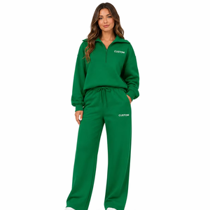 Trendy <b>Women</b>’s Green <b>Quarter</b> <b>Zip</b> Tracksuit Set Custom Logo Relaxed Fit Wide Leg Pants Casual Athleisure Streetwear Manufacturer - Product Image 1