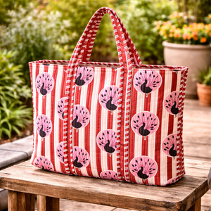 Sac fourre-tout en coton imprimé paon rayé rouge, grande capacité, réutilisable, écologique, léger, fermeture éclair, sac à main pour femme - Product Image 1