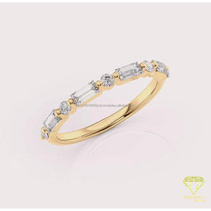 Minimalist Baguette and Round Moissanite Diamond Wedding Band in 14K Yellow Gold Stackable Anniversary <b>Ring</b> for Women - Product Image 1