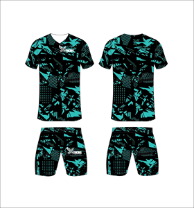 Conjunto de Uniforme de Fútbol Sublimado Personalizado, Patrón Abstracto Negro y Verde Azulado, Transpirable, de Secado Rápido, para Hombres, Niños y Jóvenes - Product Image 1