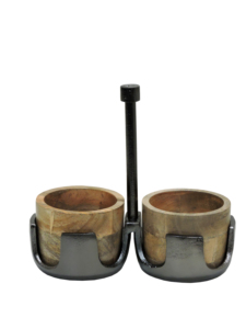 Ensemble de service industriel à double compartiment en aluminium et bois – Support à condiments en métal moulé avec poignée centrale pour table de cuisine - Product Image 1