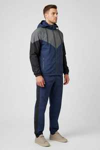 Ensemble de survêtement unisexe gris marine à blocs de couleur avec capuche, fermeture éclair sur le devant, manches longues, style sportif décontracté, respirant et léger pour l'automne - Product Image 2