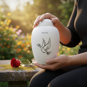 Urne funéraire artisanale en aluminium noir pour cendres humaines, adulte, moderne, avec couvercle sécurisé, gravée colombes et oiseaux - Product Image 3