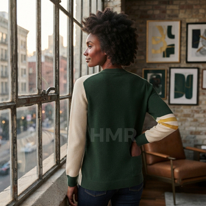 Cárdigan de Punto Acrílico HMR Sisterhood Sorority en Verde Militar y Beige con Contraste de Color, Suéteres de Invierno con Cuello en V y Botones al Frente, Top Informal - Product Image 4