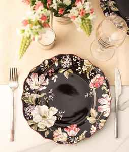 Assiette de dîner florale royale noire élégante de style européen en porcelaine écologique, faite à la main, non toxique, durable, vaisselle en céramique en gros - Product Image 1