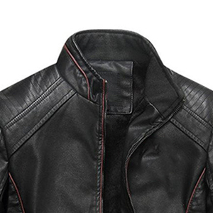 Veste de moto en cuir PU noir uni pour homme, col montant, fermeture éclair, coupe slim, longueur standard, coupe-vent - Product Image 2