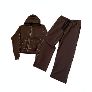 Ensemble de survêtement unisexe d'hiver respirant marron à capuche, couleur unie avec détails en strass, fermeture éclair intégrale, style streetwear décontracté - Product Image 1