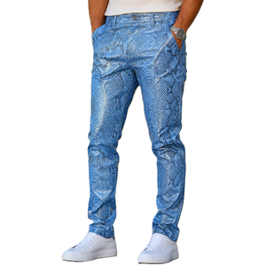 Men's <b>Black</b> Leather Breathable Lightweight Printed Moto Biker <b>Pants</b> Multi-Pocket Mid Waist Straight Fit Rivets Zipper Fly Winter - Product Image 4