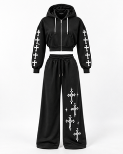 Ensemble de survêtement noir uni avec sweat à capuche zippé et pantalon de jogging, séchage rapide, respirant, 100 % polyester, vêtements de sport 2-en-1 coupe ample - Product Image 5