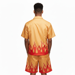 Men's Color Blocking Print Short Sleeve <b>Shirt</b> Shorts Set Air-layer Fabric Breathable 100% Cotton Street Style Summer Wear - Product Image 5