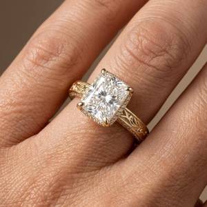 Anillo de compromiso Art Deco con halo de diamantes de corte radiante de 3.00 quilates, chapado en oro vermeil, diamantes cultivados en laboratorio, oro sólido de 14 quilates, regalo sorpresa para novias - Product Image 3