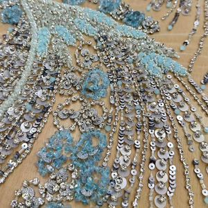 Tela con Cuentas Amarillas con Patrón de Hojas y Plumas, con Lentejuelas y Perlas Bordadas, Malla de Encaje para Diseño de Moda de Pasarela, Manualidades - Product Image 1