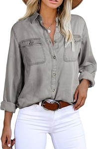 Women's Gray Cotton Button Up Shirt Three Quarter Sleeve Turn-<b>down</b> Collar Loose Fit Solid Color Breathable Shirts - Product Image 2