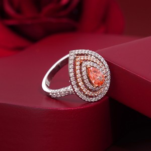 14K Gold <b>Fine</b> <b>Ring</b> with 0.68 CT Vivid Red Lab Grown Pear Diamond Double Halo Design - Product Image 2