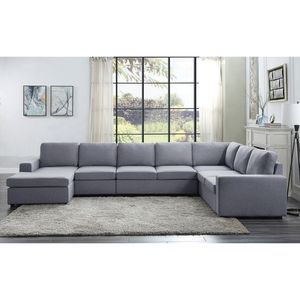 Divano Componibile Reversibile Tifton 147 in Lino Grigio Chiaro a 7 Posti con Chaise Longue per Soggiorno - Product Image 1
