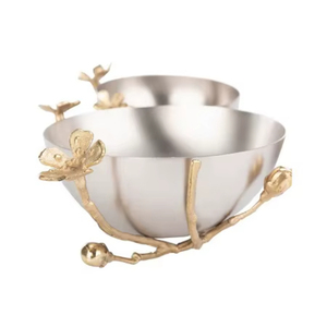 Cuenco Decorativo de Metal Pulido Hecho a Mano con Centro de Mesa de Ramas Florales Doradas para Servir Bocadillos en el Hogar - Product Image 1