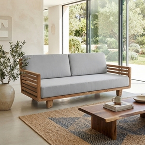 Premium wooden sunrise double <b>sofa</b> minimalist solid teak <b>wood</b> living room two seater couch grey light blue cushion seating units - Product Image 4
