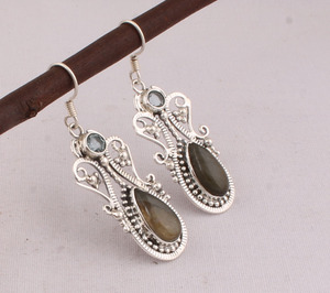 Boucles d'oreilles pendantes vintage en labradorite naturelle et argent sterling 925, bijoux faits main en pierres précieuses pour femmes, vente en gros - Product Image 6