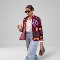 Blouson bomber bohème brodé à la main Suzani, extérieur en cuir véritable, motif floral, tissu tissé, doublure en coton, coupe classique, léger