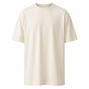 T-shirt en jersey de coton surdimensionné pour homme, col rond, manches courtes, couleur unie, décontracté, tricoté, écologique, 220g, teinture unie beige - Product Image 1